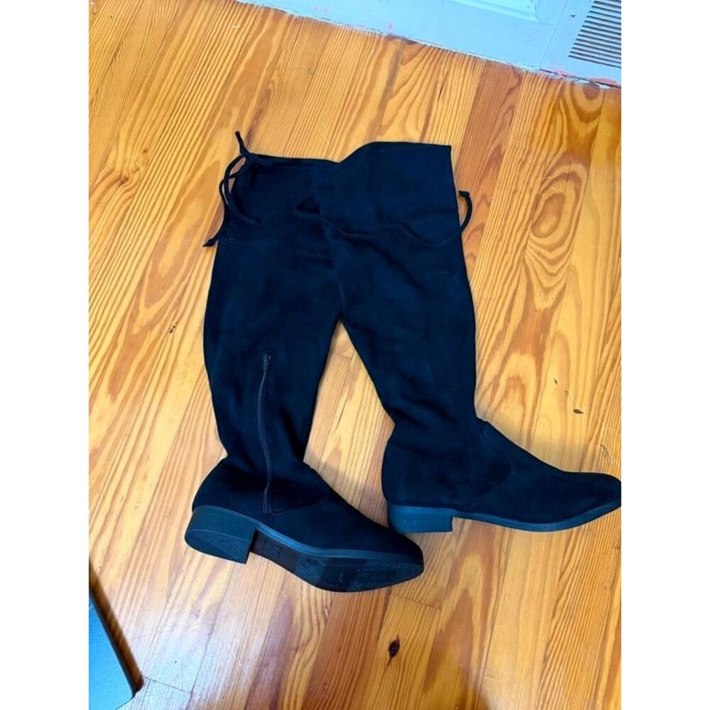 Black Suede Over-The-Knee Boots with Tie Detail